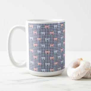 Blue White Gingham Pink Blue Coquette Bows Trendy Coffee Mug