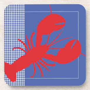 Blue White Gingham Red Lobster Coastal Maine  Coaster