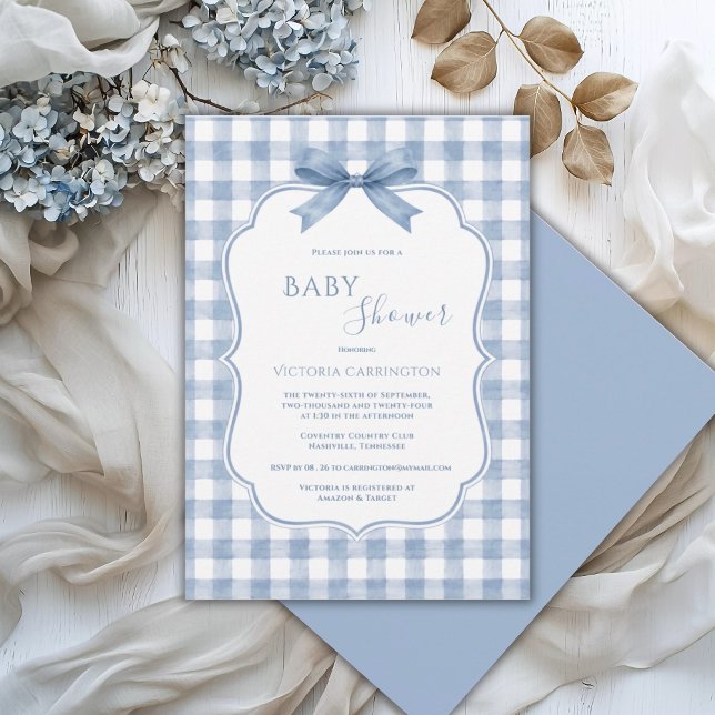 Blue White Gingham Whimsical Baby Shower Invitation (Creator Uploaded)