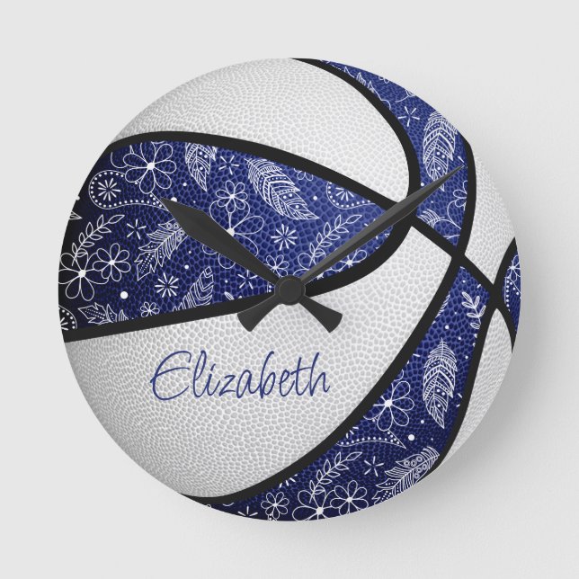 blue white girls boho feathers pattern basketball round clock (Front)