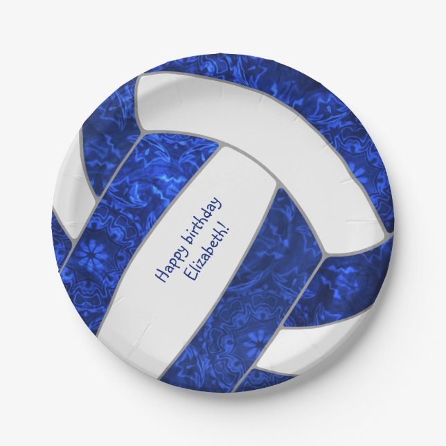 blue white girly volleyball birthday party paper plate (Front)