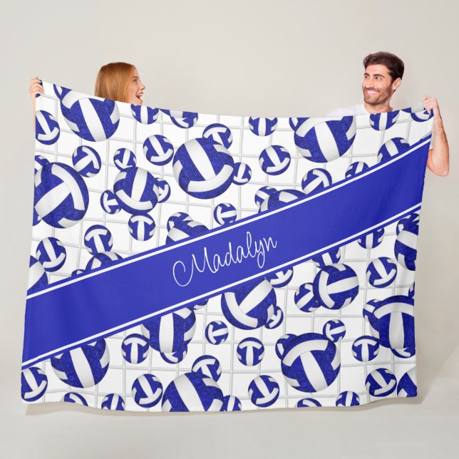 blue white girly volleyballs w net accent pattern fleece blanket (In Situ)