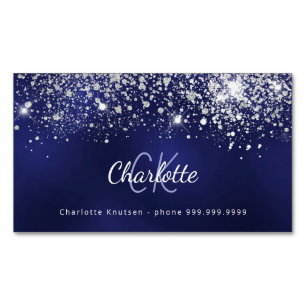 Blue white glitter monogram initials magnetic business card
