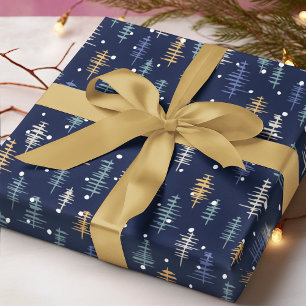 Blue White Gold Abstract Christmas Trees Wrapping Paper