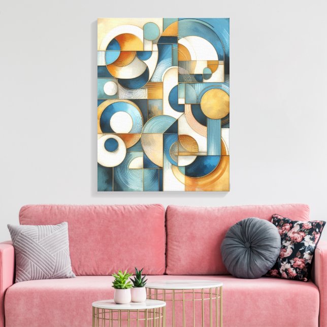 Blue White Gold Abstract Geometric Art Canvas Print (Insitu(LivingRoom))
