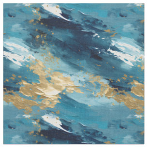 Blue, White & Gold Abstract Paint Fabric