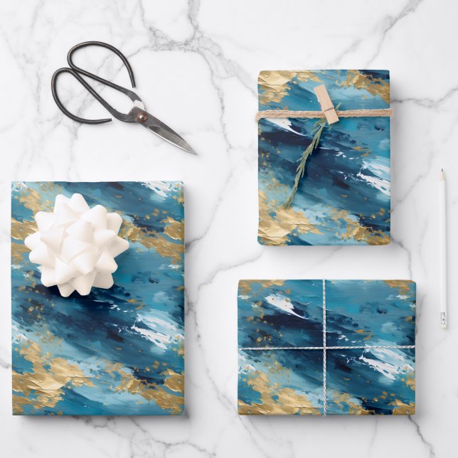 Blue, White & Gold Abstract Paint Wrapping Paper Sheet (Front)