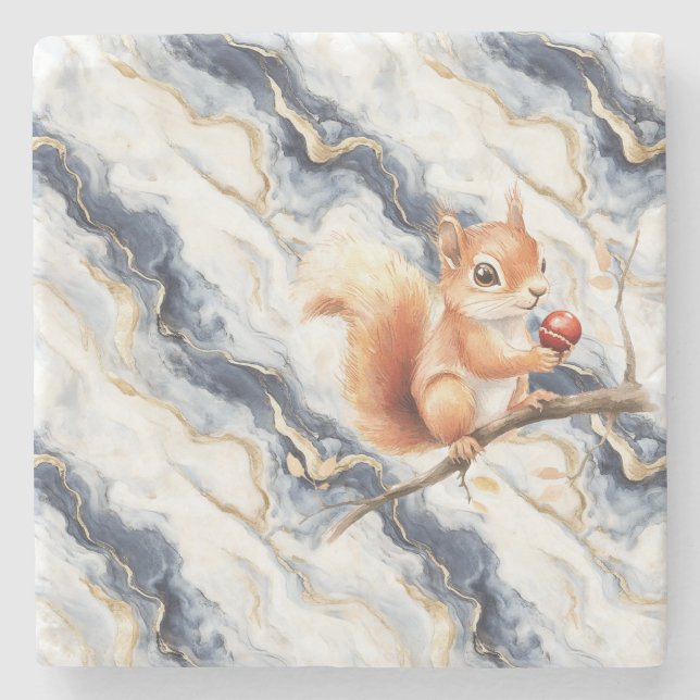 Blue White Gold Abstract Squirrel Apple Stone Coaster (Front)