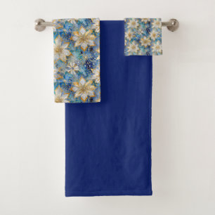 Blue White Gold Christmas Poinsettias Bath Towel Set
