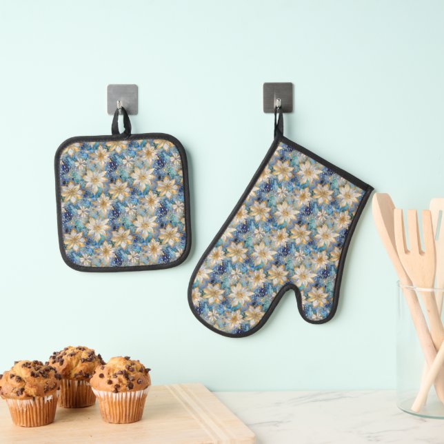Blue White Gold Christmas Poinsettias Oven Mitt & Pot Holder Set (Insitu(Hanging))