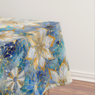 Blue White Gold Christmas Poinsettias Tablecloth