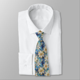 Blue White Gold Christmas Poinsettias Tie