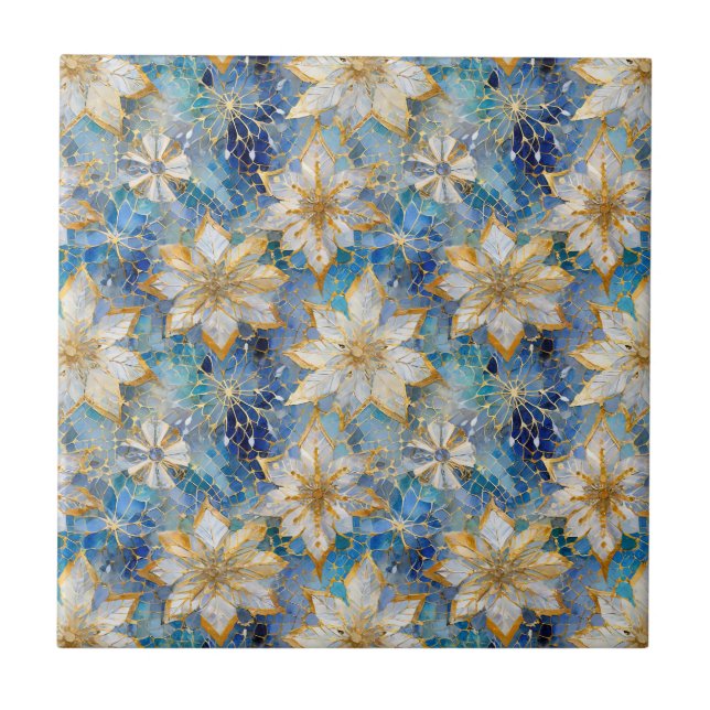 Blue White Gold Christmas Poinsettias Tile (Front)