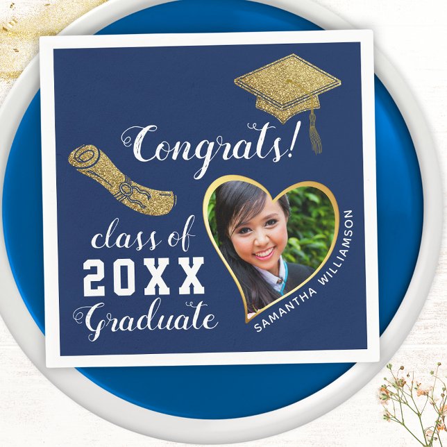 Blue White Gold Class 2025 Grad Photo Graduation Napkin (Creator Uploaded)