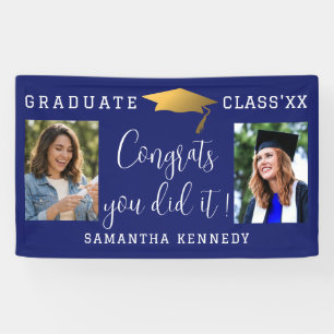 Blue White Gold Congrats 2 Photo Graduation 2026 Banner