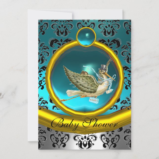 BLUE WHITE GOLD DAMASK STORK BABY SHOWER MONOGRAM INVITATION (Front)