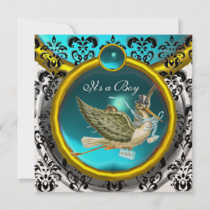 BLUE WHITE GOLD DAMASK STORK BABY SHOWER MONOGRAM INVITATION