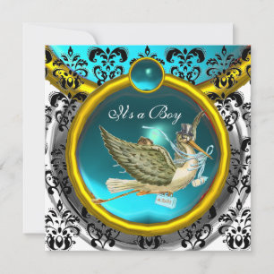 BLUE WHITE GOLD DAMASK STORK BABY SHOWER MONOGRAM INVITATION