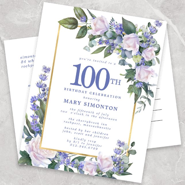 Blue White Gold Floral 100th Birthday Party Invitation Postcard (Creator Uploaded)
