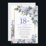 Blue White Gold Floral 18th Birthday Dinner Invitation<br><div class="desc">Honour a special woman with this elegant and feminine 18th Birthday Dinner invitation. 18th is written in large blue text. Birthday dinner party follows. The honoured guest's name is also in blue capital letters. The remainder of the text is soft dove grey. The birthday celebration details are surrounded by a...</div>