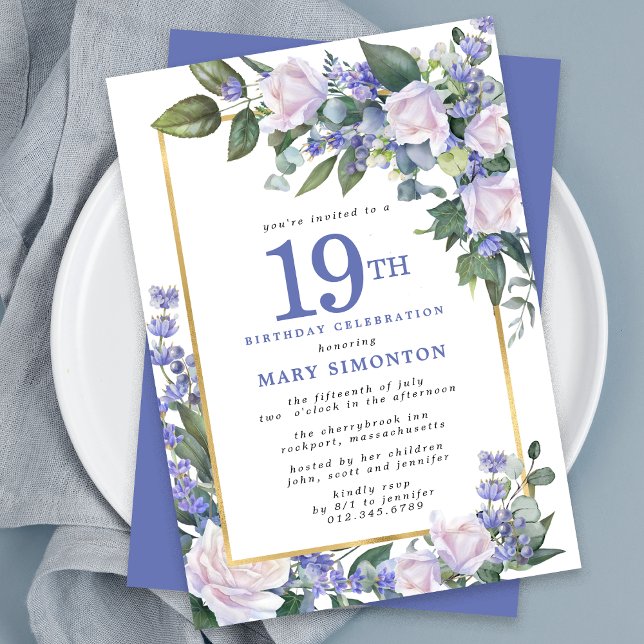 Blue White Gold Floral 19th Birthday Invitation (Creator Uploaded)