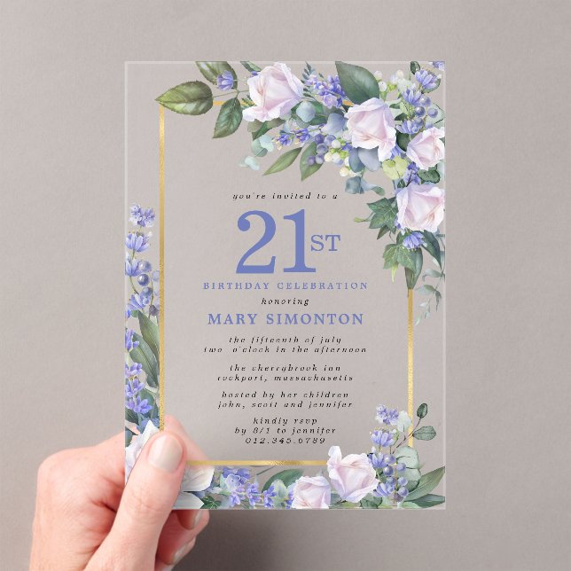 Blue White Gold Floral 21st Birthday Acrylic Invitations (Insitu (Handheld))
