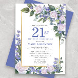 Blue White Gold Floral 21st Birthday Invitation<br><div class="desc">Honour a special woman with this elegant and feminine 21st Birthday party invitation. 21st is written in large blue text. Birthday celebration follows. The honoured guest's name is also in blue capital letters. The remainder of the text is soft dove grey. The birthday celebration details are surrounded by a chic...</div>