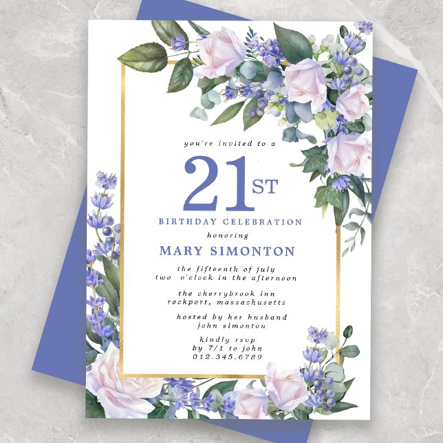 Blue White Gold Floral 21st Birthday Invitation (Creator Uploaded)
