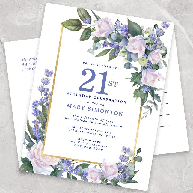 Blue White Gold Floral 21st Birthday Party  Invitation Postcard (Creator Uploaded)