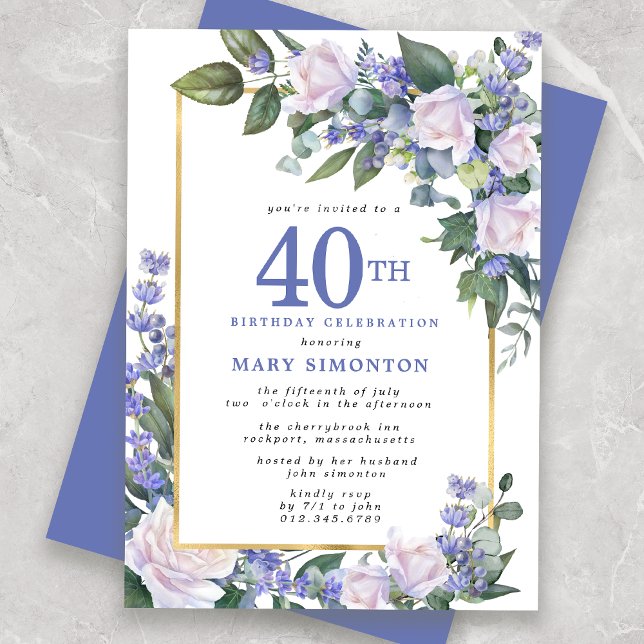 Blue White Gold Floral 40th Birthday Invitation (Creator Uploaded)