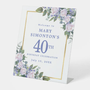 Blue White Gold Floral 40th Birthday Welcome Pedestal Sign