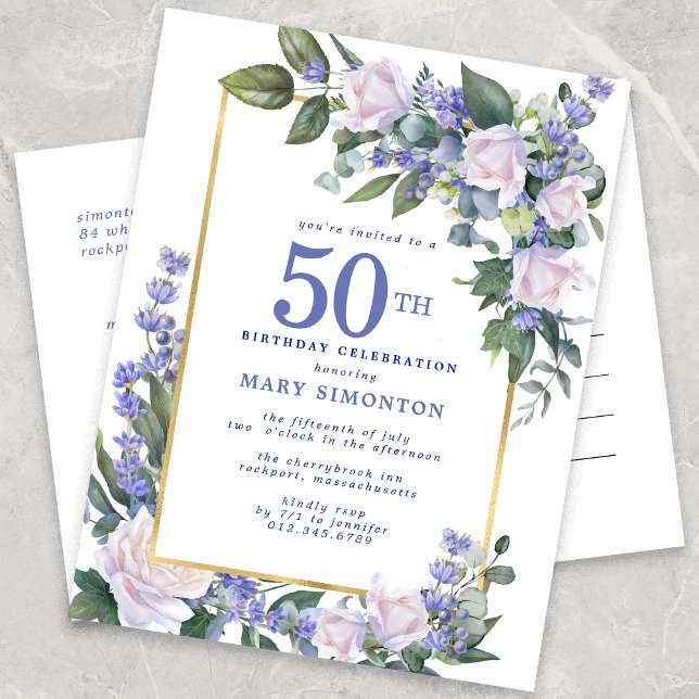 Blue White Gold Floral 50th Birthday Party  Invitation Postcard (Creator Uploaded)