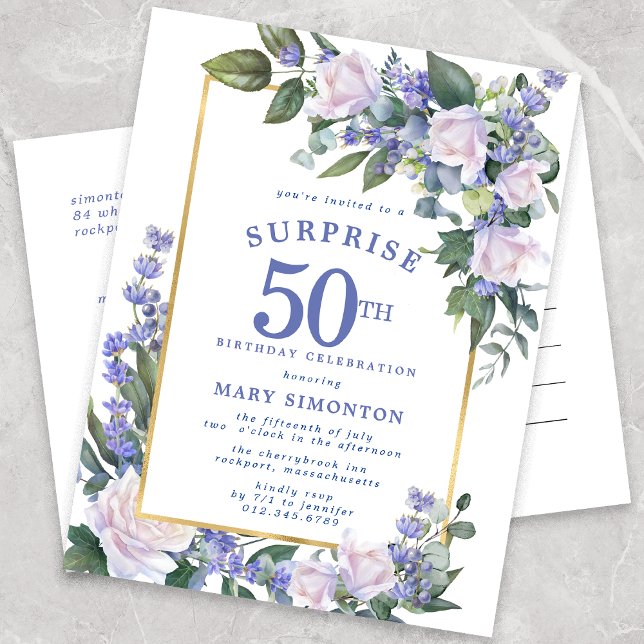 Blue White Gold Floral 50th Surprise Birthday Invitation Postcard (Creator Uploaded)