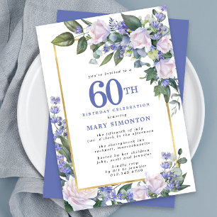 Blue White Gold Floral 60th Birthday Invitation