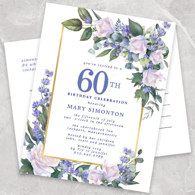 Blue White Gold Floral 60th Birthday Party  Invitation Postcard (Creator Uploaded)