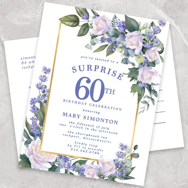 Blue White Gold Floral 60th Surprise Birthday Invitation Postcard (Creator Uploaded)