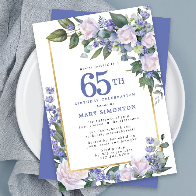 Blue White Gold Floral 65th Birthday Invitation (Creator Uploaded)