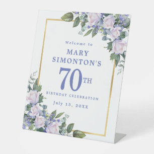 Blue White Gold Floral 70th Birthday Welcome Pedestal Sign