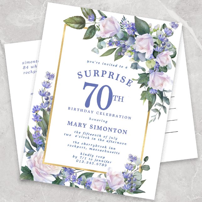 Blue White Gold Floral 70th Surprise Birthday Invitation Postcard (Creator Uploaded)