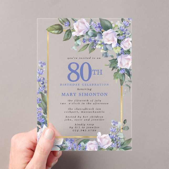 Blue White Gold Floral 80th Birthday Acrylic Invitations (Insitu (Handheld))