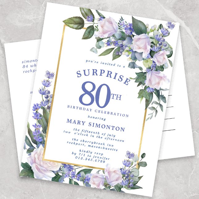 Blue White Gold Floral 80th Surprise Birthday Invitation Postcard (Creator Uploaded)