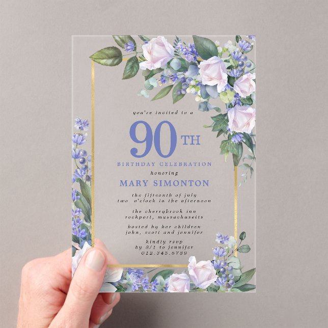 Blue White Gold Floral 90th Birthday Acrylic Invitations (Insitu (Handheld))