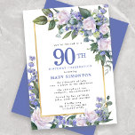 Blue White Gold Floral 90th Birthday Invitation<br><div class="desc">Honour a special woman with this elegant and feminine 90th Birthday party invitation. 90th is written in large blue text. Birthday celebration follows. The honoured guest's name is also in blue capital letters. The remainder of the text is soft dove grey. The birthday celebration details are surrounded by a chic...</div>