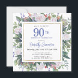Blue White Gold Floral 90th Birthday Square Invitation<br><div class="desc">Honour a special woman with this elegant and feminine 90th Birthday party invitation. 90th is written in large blue text. Birthday celebration follows. The honoured guest's name is written in a modern script font. The remainder of the text is soft dove grey. The birthday celebration details are surrounded by a...</div>