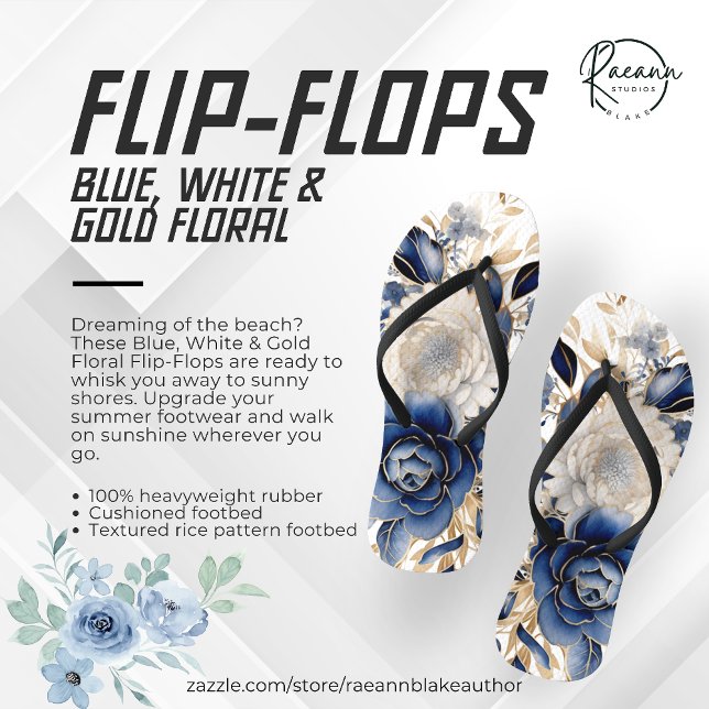 Blue, White & Gold Floral Flip Flops (Creator Uploaded)