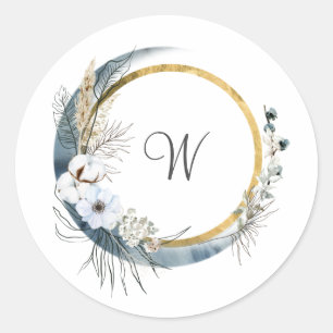Blue White Gold Floral Monogram Boho Wedding Classic Round Sticker