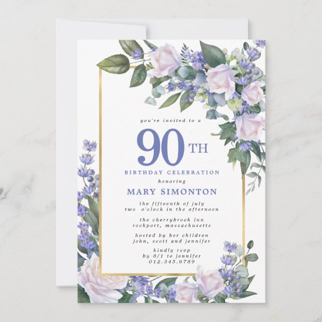 Blue White Gold Floral Photo 90th Birthday Invitation (Front)