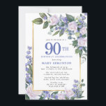 Blue White Gold Floral Photo 90th Birthday Invitation<br><div class="desc">Honour a special woman with this elegant and feminine 90th Birthday party invitation. 90th is written in large blue text. Birthday celebration follows. The honoured guest's name is also in blue capital letters. The remainder of the text is soft dove grey. The birthday celebration details are surrounded by a chic...</div>