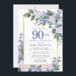 Blue White Gold Floral Photo 90th Birthday Invitation<br><div class="desc">Honour a special woman with this elegant and feminine 90th Birthday party invitation. 90th is written in large blue text. Birthday celebration follows. The honoured guest's name is also in blue capital letters. The remainder of the text is soft dove grey. The birthday celebration details are surrounded by a chic...</div>
