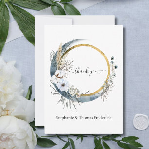 Blue White Gold Floral Watercolor Boho Wedding Thank You Card